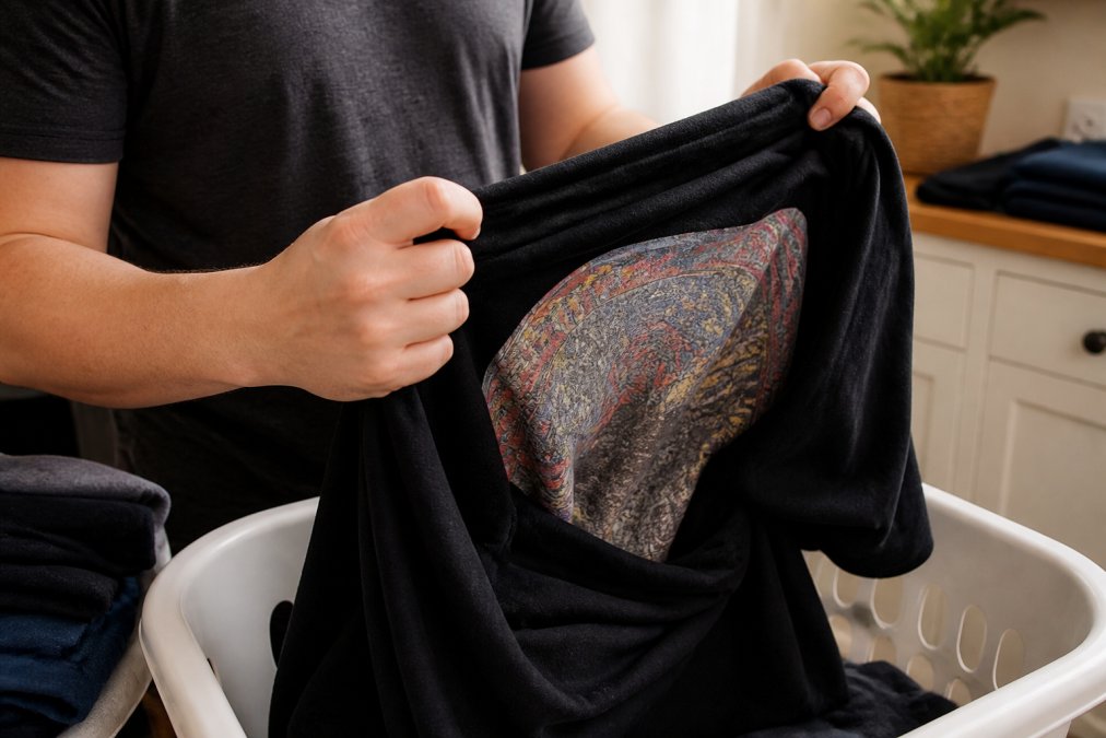 Close-up of hands turning a colorful graphic tee inside out over a laundry basket, the printed design visible on the inside of the shirt, warm indoor lighting
