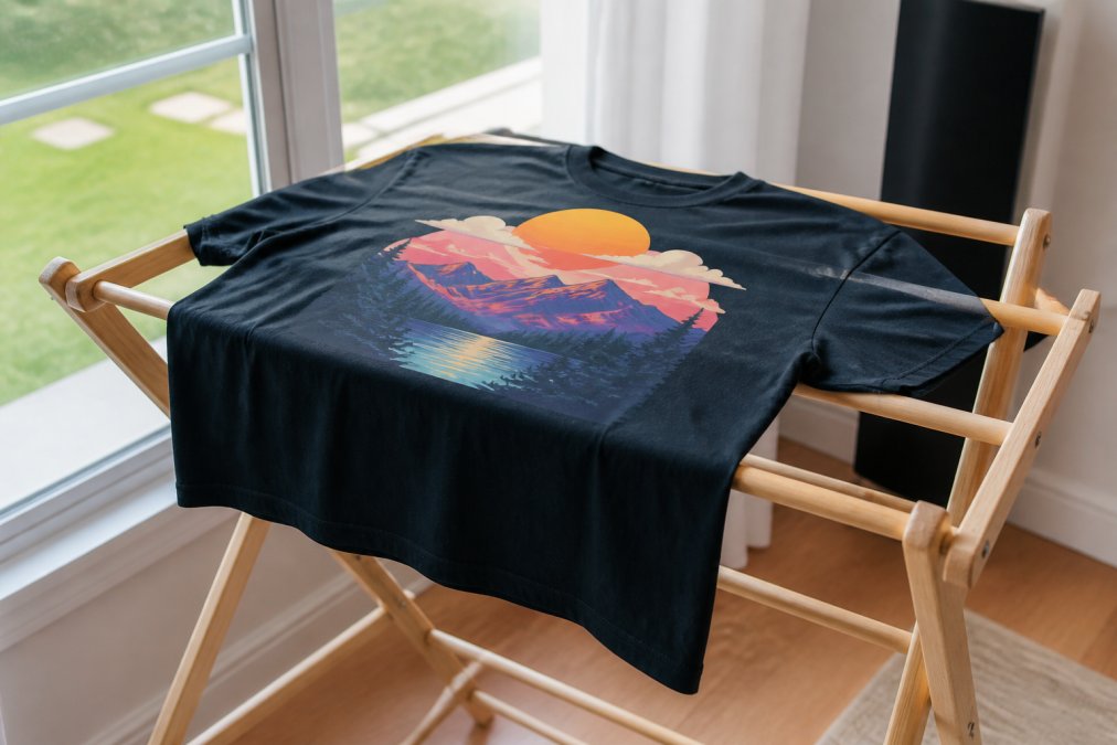 A bright screen printed t-shirt hanging on a wooden drying rack indoors near a window, laid flat with natural daylight coming through, no direct sunlight hitting the print