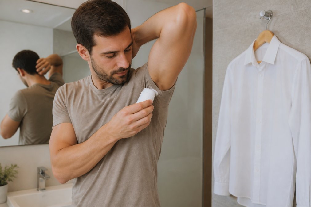 Close-up of a man's hands applying a thin layer of deodorant to his underarm in a bright bathroom, with a white dress shirt hanging nearby on a hanger