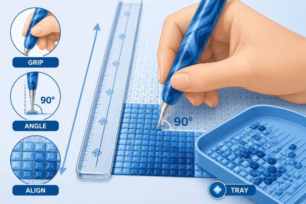 Close-up of hands using an ergonomic diamond painting pen to place square drills on a canvas using a straightening ruler as a guide, showing proper pen grip and 90-degree angle approach with clear drill tray visible in frame