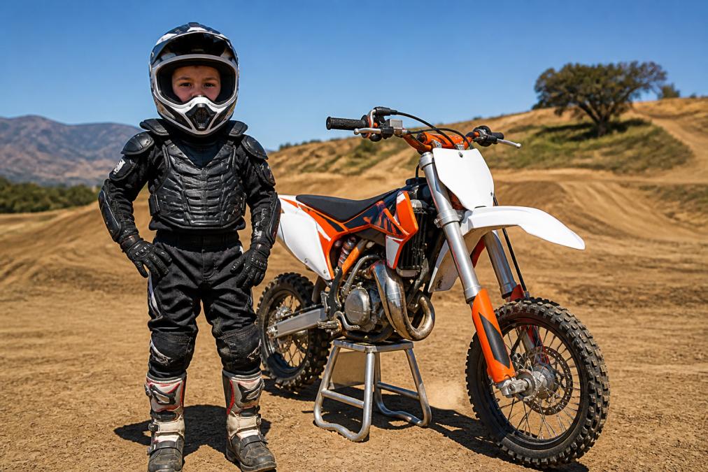 Young motocross rider wearing complete safety gear including DOT-certified helmet with visor, padded body armor chest protector, elbow guards, gloves with reinforced palms, motocross boots with ankle support, and protective neck brace, standing confidently beside a dirt bike on a sunny outdoor track
