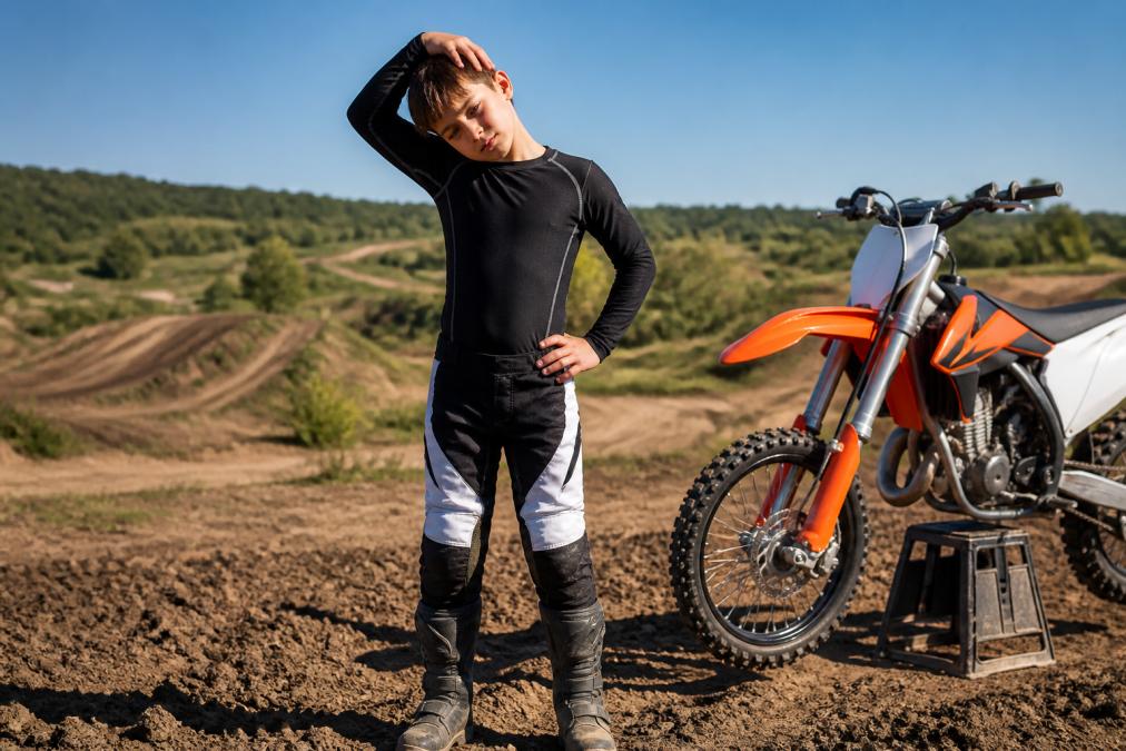 Young motocross rider performing dynamic warm-up exercises on a sunny day near the track, demonstrating proper stretching form with focus on neck, shoulders, and core engagement, wearing athletic gear