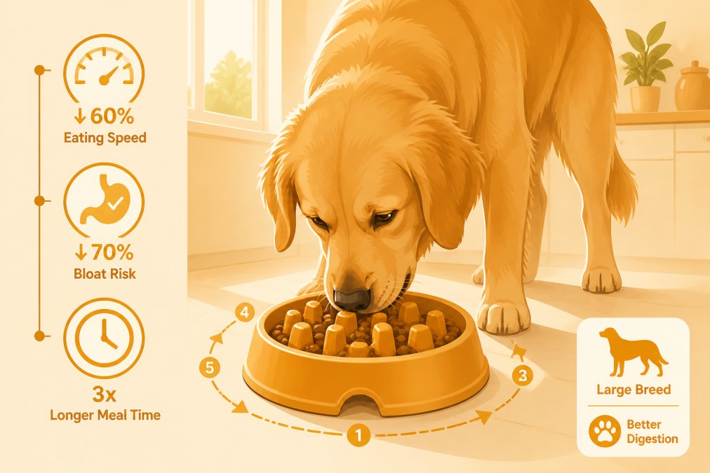 Large breed dog eating from a textured slow feeder bowl with focused expression, warm natural lighting from kitchen window, showing the dog's careful eating pace around the bowl's ridged surface