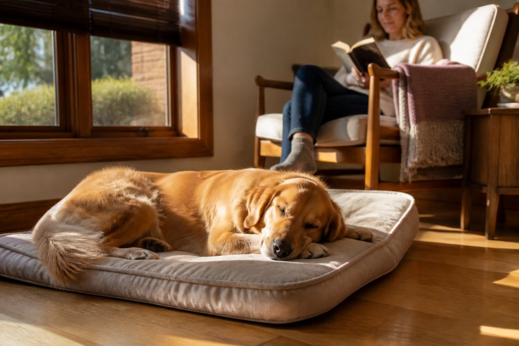 Large breed dog resting peacefully on a comfortable dog bed in a quiet home setting, owner sitting nearby reading, soft afternoon light through window, demonstrating calm post-feeding environment