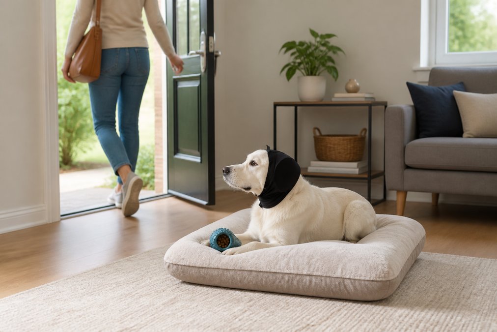 Dog owner stepping out of living room while dog sits calmly on a cushioned bed with a treat-filled toy, natural daylight from window, showing peaceful separation moment