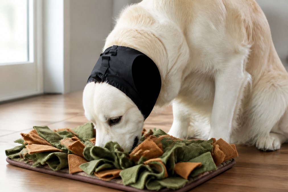 Golden Retriever actively engaging with snuffle mat, nose buried in fabric folds searching for hidden treats, sitting on hardwood floor with natural window light, showing focused concentration