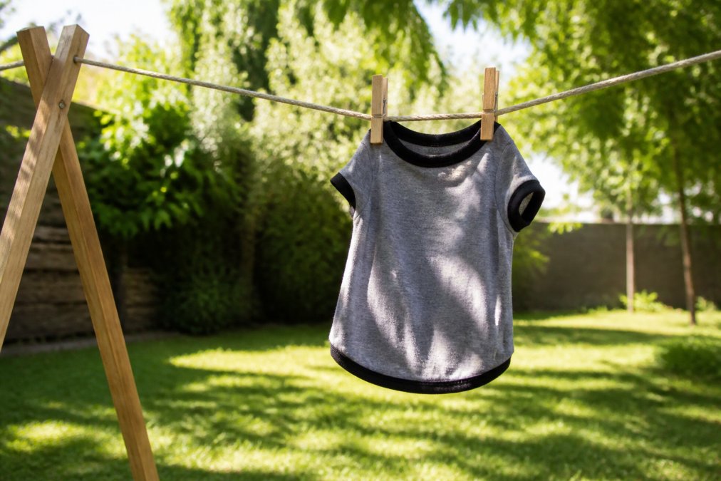 Dog t-shirt hanging on a wooden clothesline outdoors in bright natural sunlight with gentle breeze, demonstrating air drying method with soft shadows cast on grass