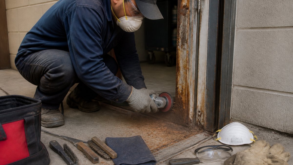 Professional maintenance worker using a handheld sanding tool to remove loose rust and corrosion from the bottom edge of a steel door frame, with metal dust visible and proper safety equipment worn