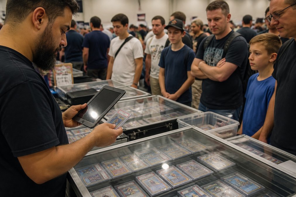 Infographic illustrating a digital scanning workflow to prevent double selling at a busy card show booth.