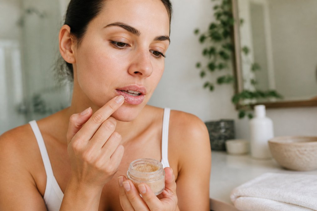 Close-up of a woman gently applying a lip scrub with her fingertip in circular motions, a small jar of sugar-based scrub visible on a clean white bathroom counter with soft natural light