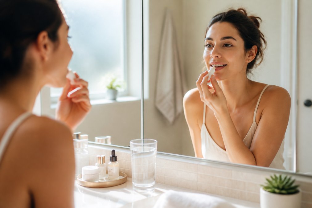 A woman applying lip balm in front of a mirror in a bright modern bathroom, a glass of water and small skincare products arranged neatly on the counter beside her, warm morning light coming through a frosted window