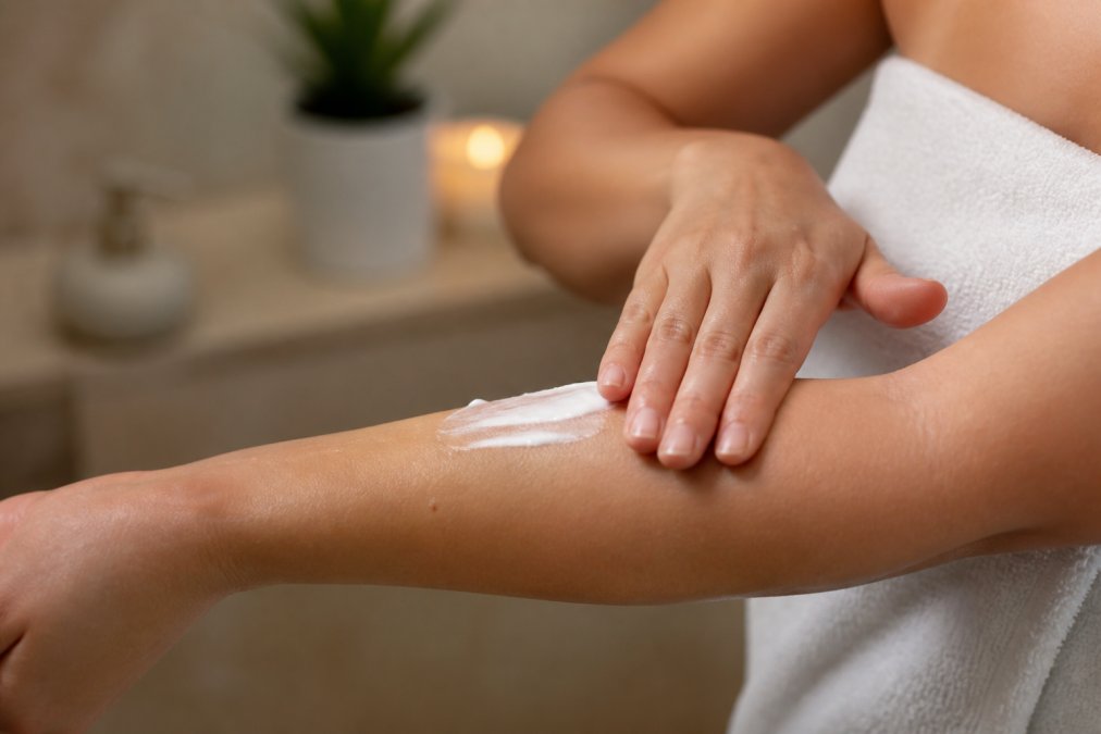 Close-up of a person's hands gently applying a rich white cream moisturizer to their forearm, skin visibly soft and slightly damp, warm bathroom lighting in the background