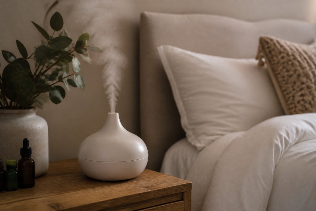 A small white ceramic humidifier emitting a gentle mist on a wooden nightstand beside a bed with white linens, soft warm ambient lighting, cozy winter bedroom setting