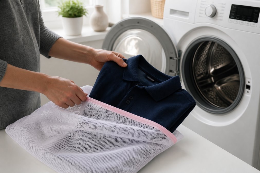 Hands placing a navy embroidered polo into a mesh laundry bag to prevent embroidery fading during washing