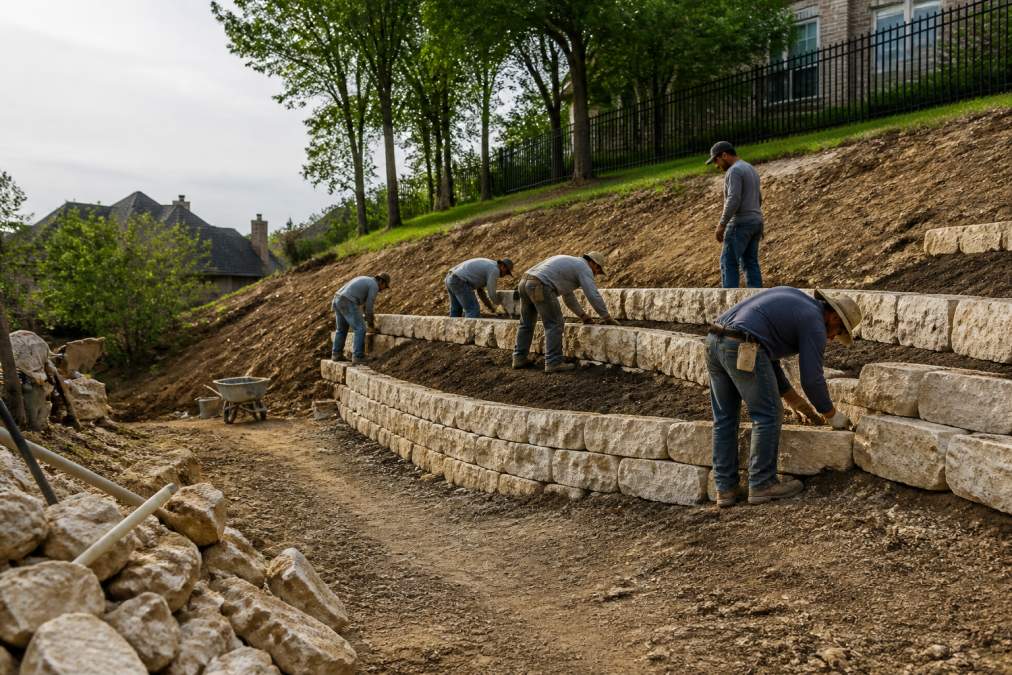 Construction crew building a tiered stone retaining wall to prevent erosion in a sloped backyard