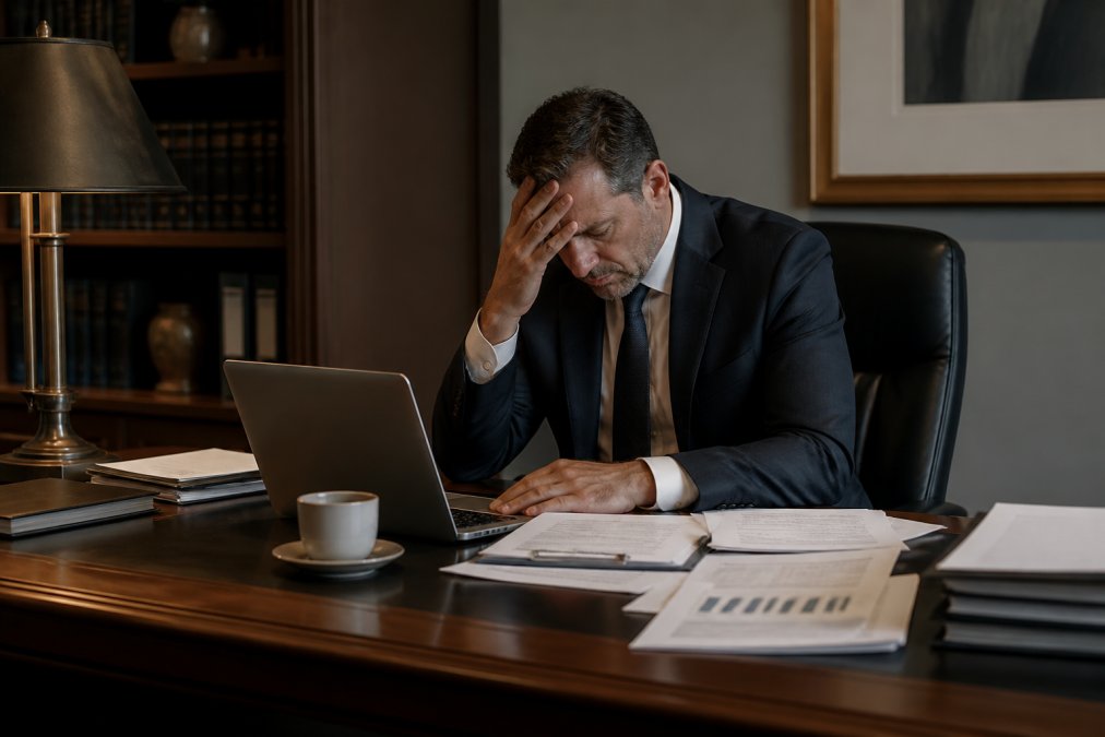 A senior executive in a tailored suit sitting alone at a large wooden desk, head resting in one hand, with a laptop open and scattered documents under dim office lighting