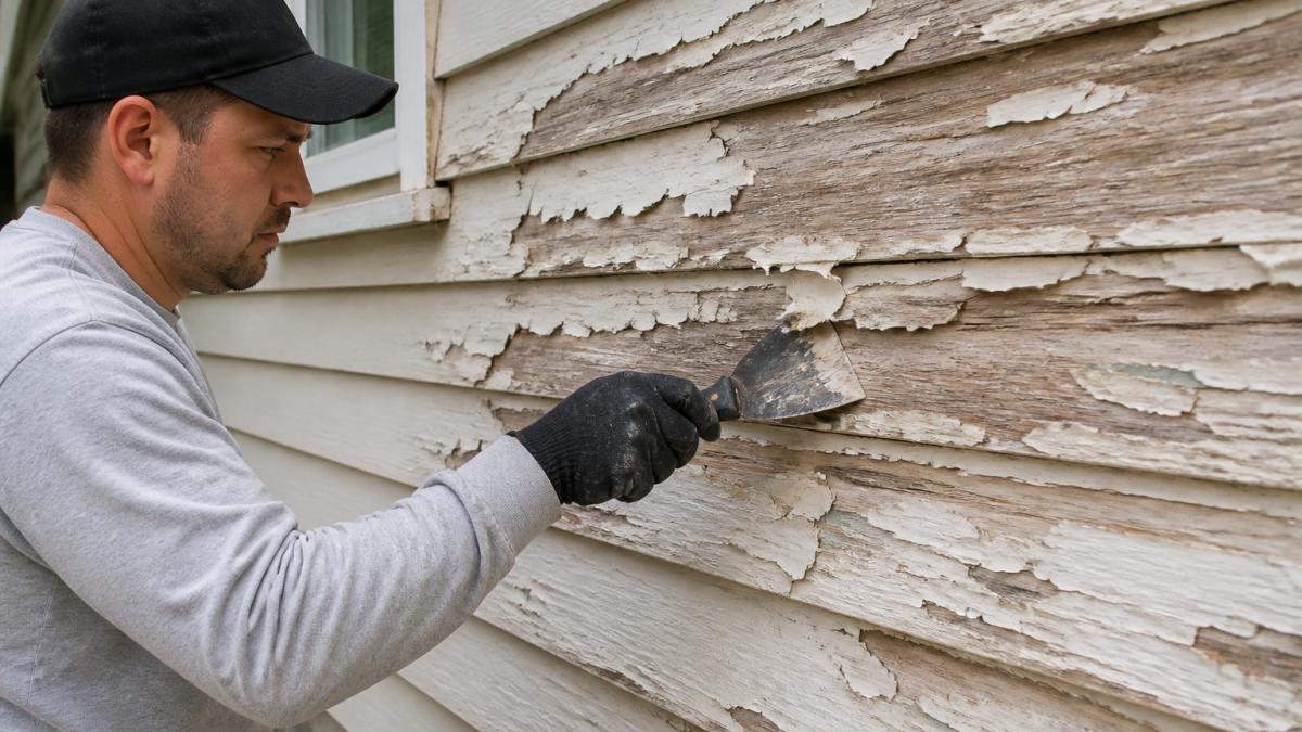 Professional contractor scraping loose, peeling paint off weathered wood siding with a putty knife, showing multiple layers of old paint and bare wood exposed underneath in natural daylight