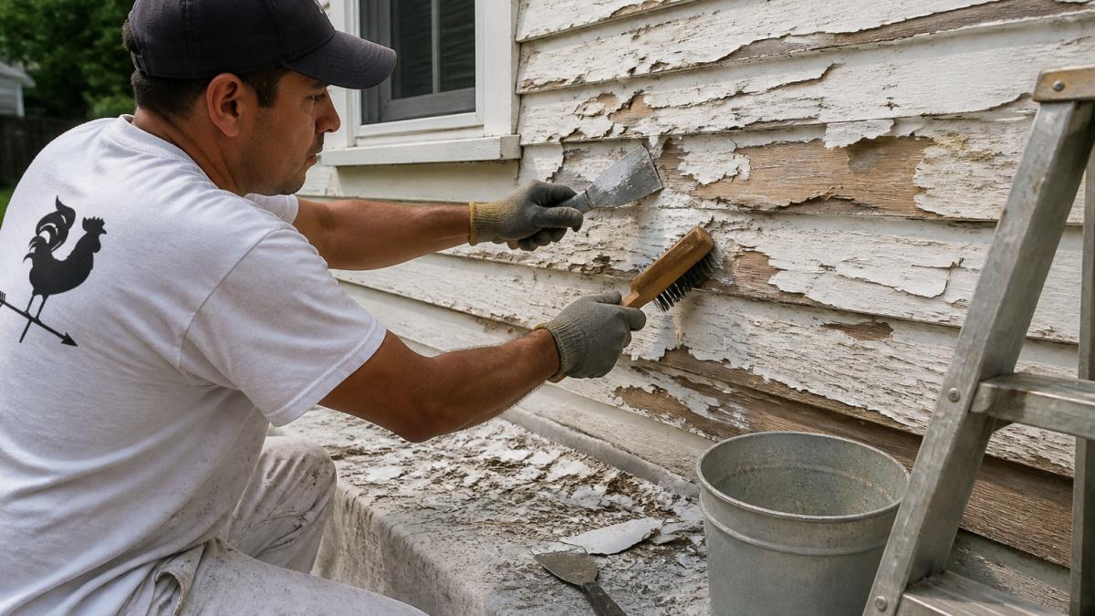Professional painter using a wire brush and metal scraper to remove flaking paint from exterior wood siding, with peeling paint debris visible on the surface and prepared wood underneath