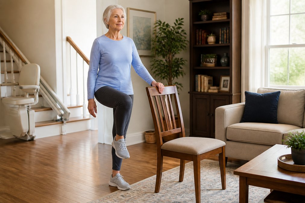 An older woman practicing a single-leg stand balance exercise in a sunlit living room, holding lightly onto the back of a wooden chair, wearing supportive sneakers and comfortable clothing