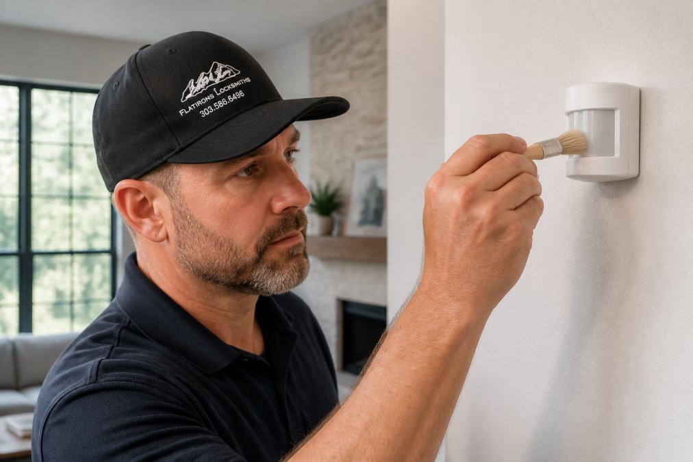 A homeowner using a soft brush to clean dust from a white motion sensor mounted on a wall in a bright living room, natural window light illuminating the scene