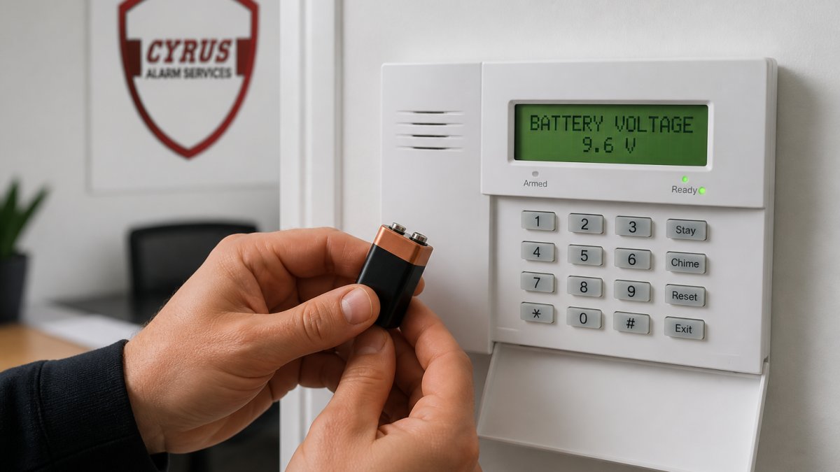 Technician's hands holding a 9-volt battery next to an alarm panel display showing battery voltage reading, with natural office lighting