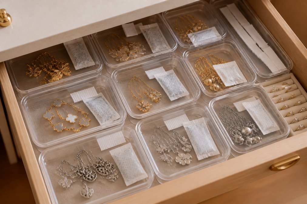Organized jewelry storage drawer with individual airtight containers holding various gold-toned and silver fashion jewelry pieces, silica gel packets visible, anti-tarnish strips placed strategically