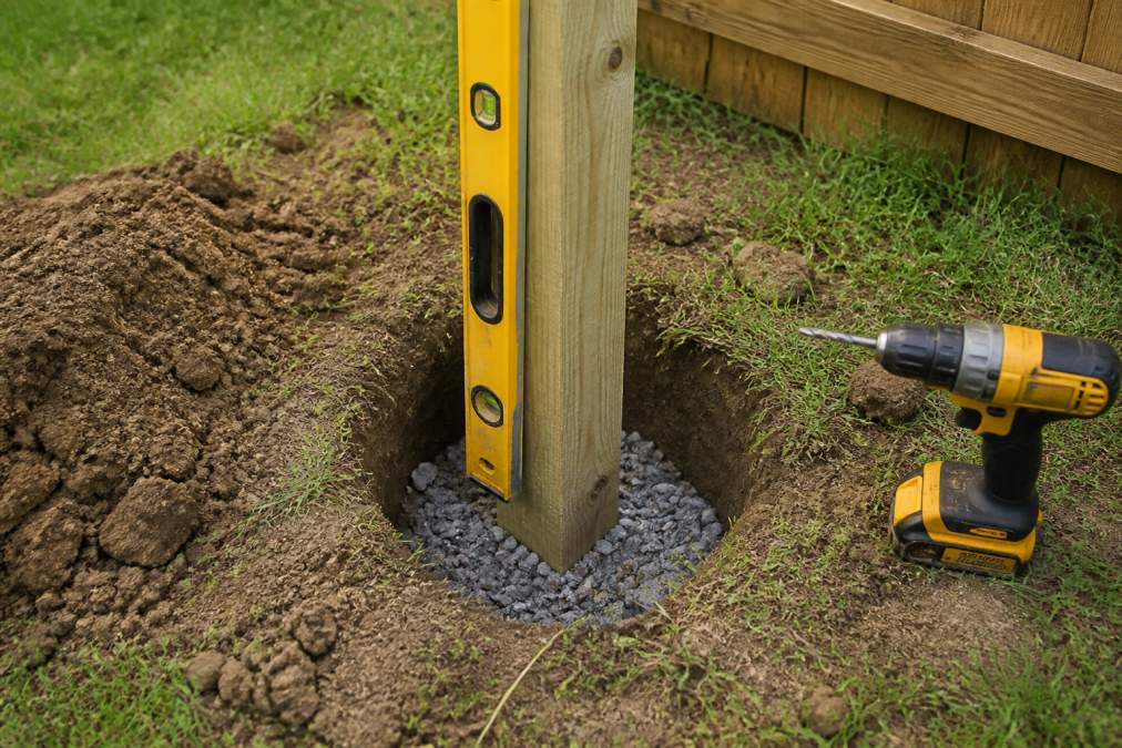 A level tool resting on a fence post over a gravel base to prevent fence post rot during installation.