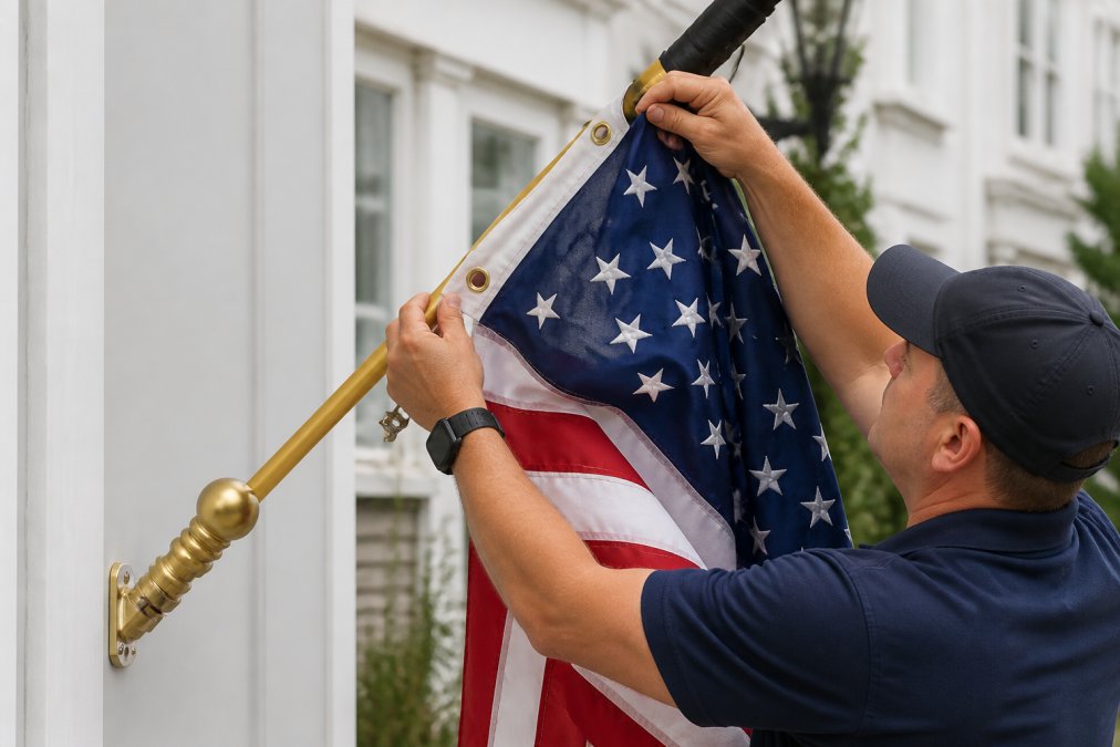 Hands inspecting flag grommets and halyards on a mounted flag, checking for wear and fraying near the header and fly end