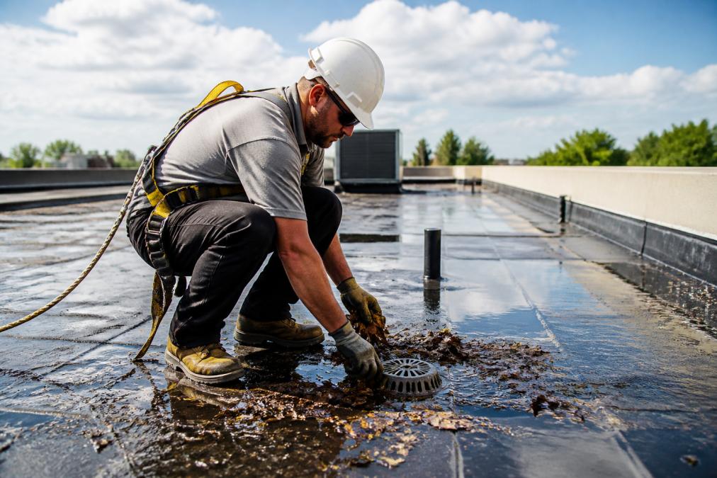 Roofing professional clearing leaves from a drain to prevent flat roof leaks during a seasonal inspection