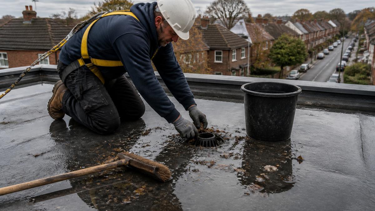 A roofer in safety harness and work boots kneeling on a flat roof beside a shallow puddle, clearing leaves from a drain outlet with gloved hands, overcast sky, UK residential street visible behind