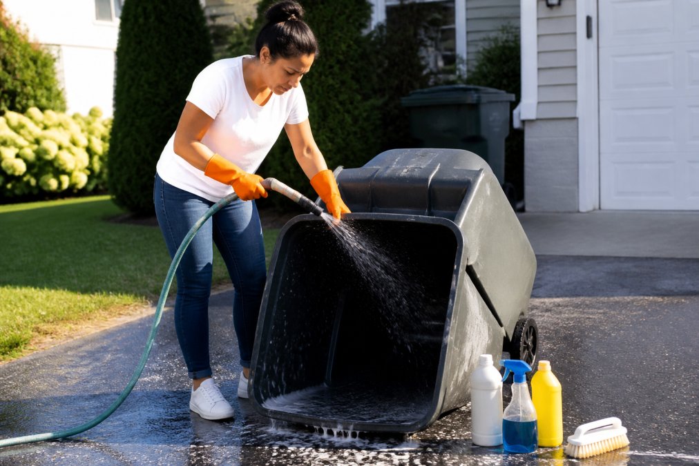 Person in rubber gloves using a hose to wash a trash bin to prevent flies and maintain outdoor hygiene.