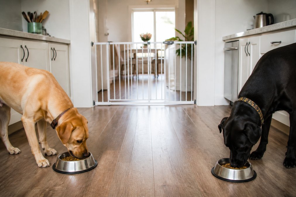 Two dogs eating from separate bowls in a kitchen to prevent food stealing with a baby gate in the background