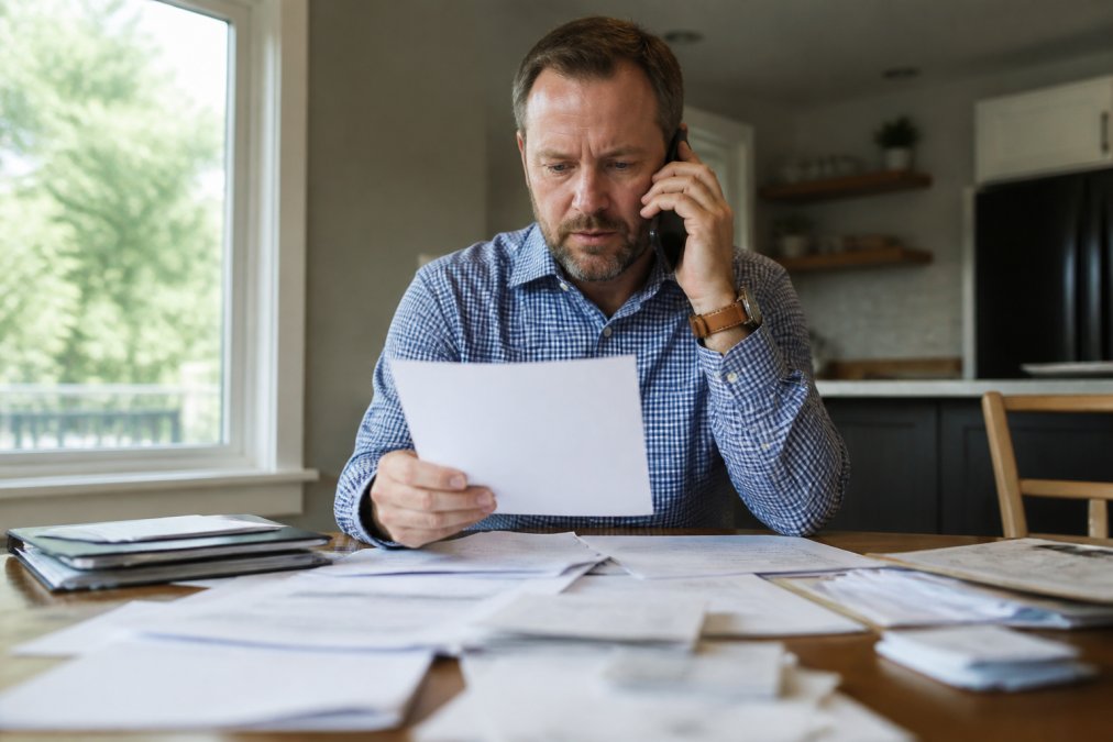 Homeowner sitting at desk with mortgage documents and paperwork spread out, holding phone to ear, looking focused and determined, natural office lighting coming through window