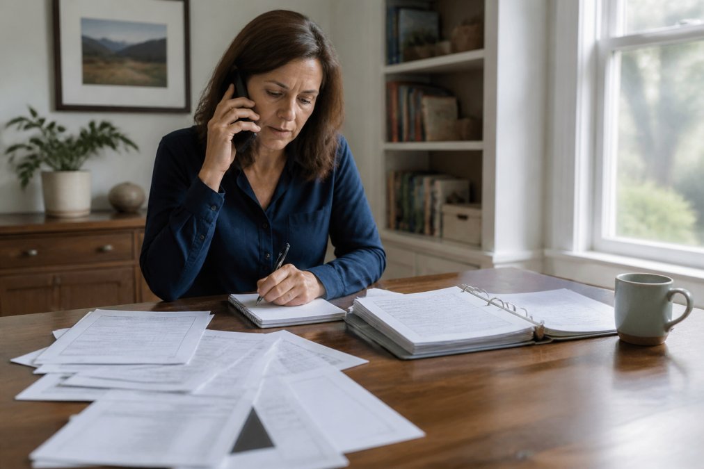 A person in a home office speaking on the phone with a notepad and mortgage documents spread across the desk in front of them, natural daylight coming through the window
