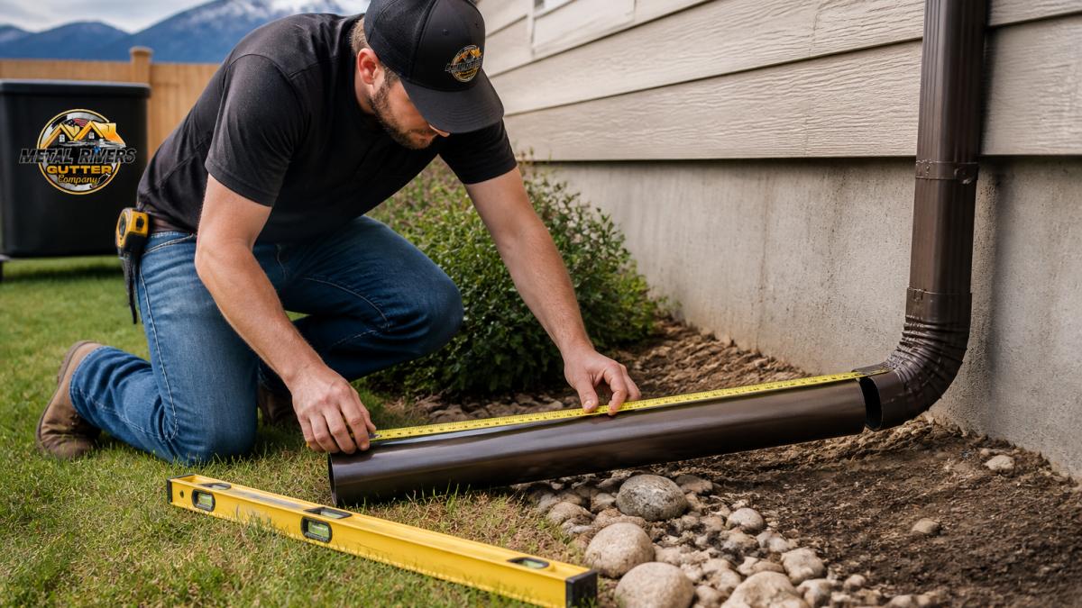 Diagram showing how to measure and install downspout extensions to prevent foundation erosion effectively.