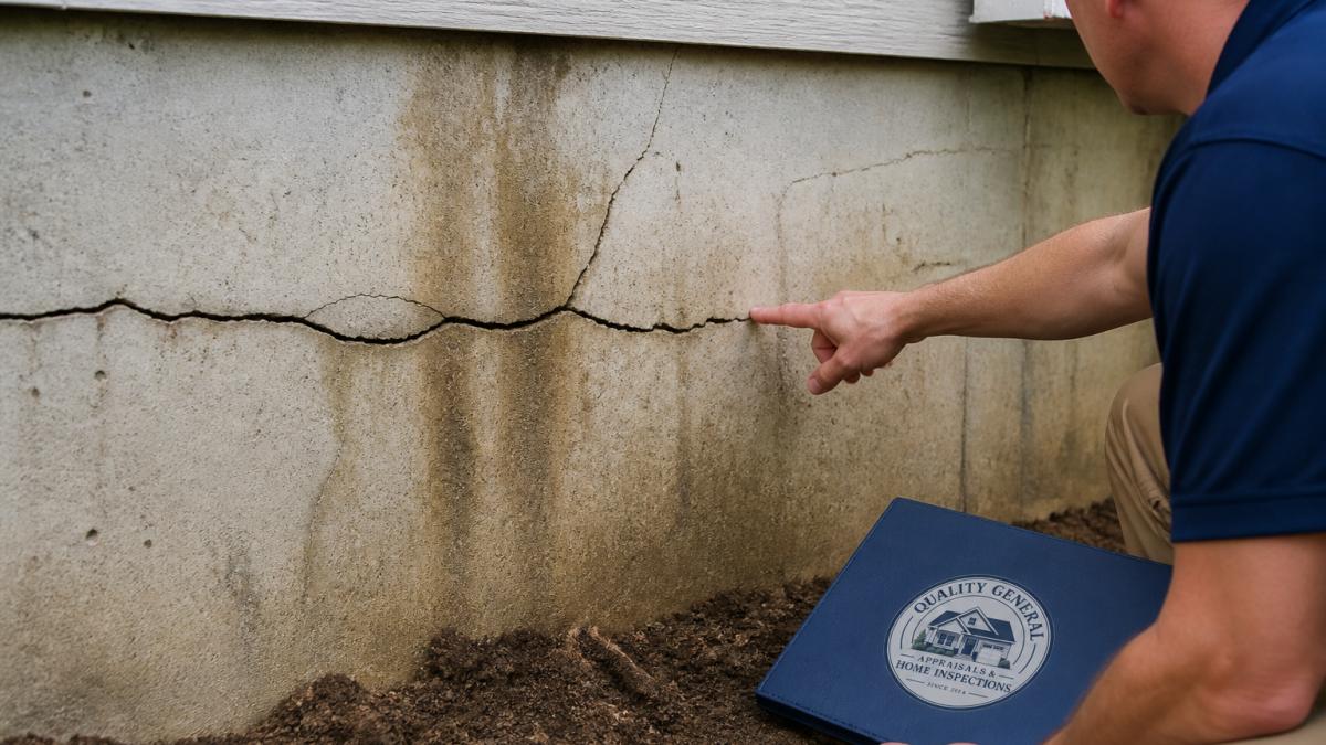 Close-up of foundation wall showing horizontal and diagonal cracks with moisture staining on concrete surface