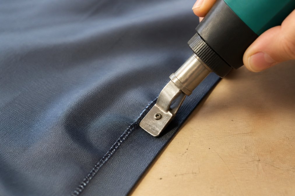 Close-up of a heat sealing tool with precise temperature display being applied to the edge of polyester fabric on a work surface, showing the melted synthetic fibers beginning to fuse together with clear detail of the seal forming