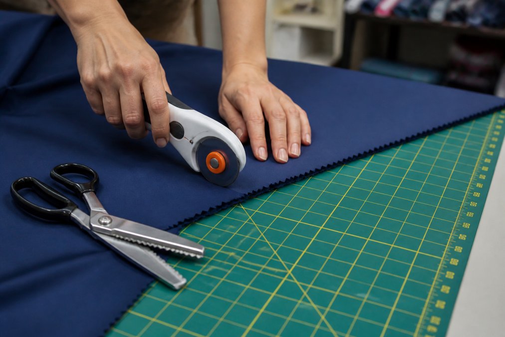 Hands using a sharp rotary cutter and pinking shears on synthetic polyester fabric laid on a cutting mat with clear measurement markings, demonstrating proper cutting technique with steady pressure and alignment