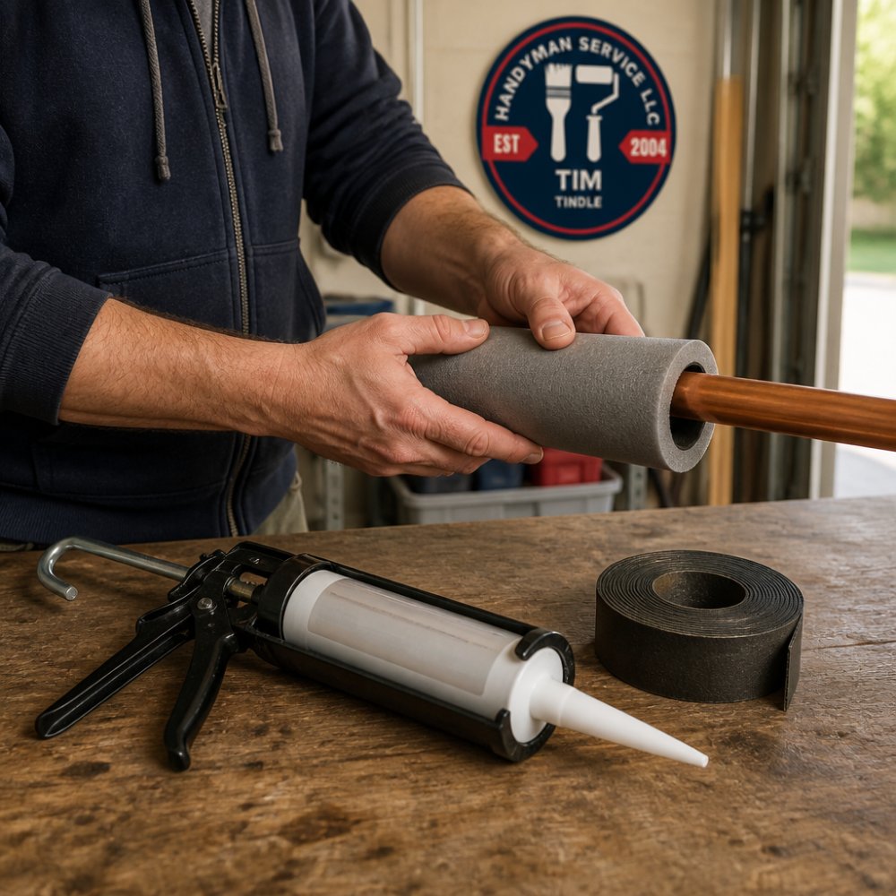 Homeowner wrapping foam insulation around a copper pipe to prevent frozen pipes in a garage workspace