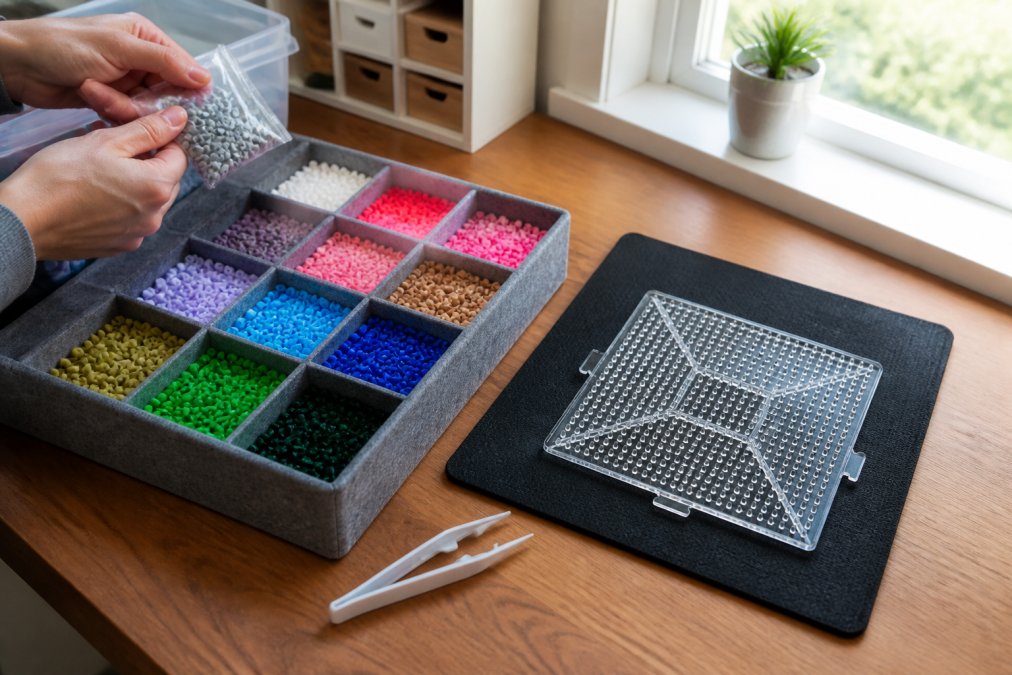 A crafting workspace with a felt-lined bead tray holding organized fuse beads in compartments, straight plastic tweezers positioned nearby, and a pegboard elevated on a non-slip mat, showing proper ergonomic setup with natural window lighting