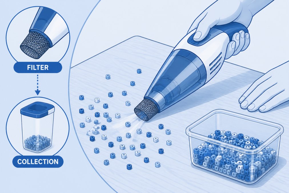 Hands using a small handheld vacuum with a fine mesh filter attachment to carefully collect scattered fuse beads from a wooden work table, with a clear collection container nearby