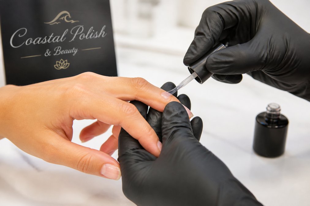 Close-up of a nail technician's hands applying a thin layer of base coat to a client's nail in a bright, clean salon, carefully brushing the product across the free edge to seal it