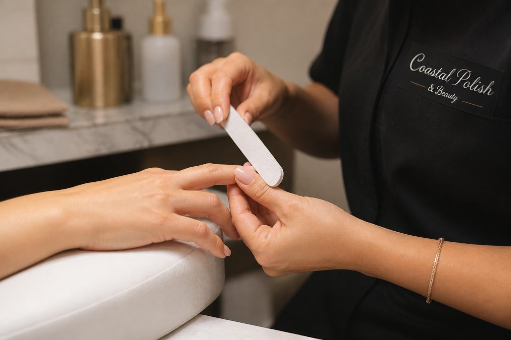 Professional nail technician's hands buffing a client's nail plate with a fine-grit file, showing careful preparation of the nail surface with proper lighting in a clean salon environment
