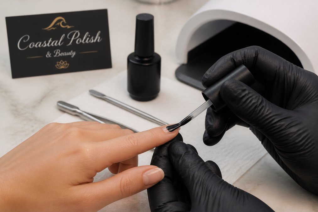 Close-up of a gel polish brush carefully applying color to the free edge and tip of a nail, demonstrating the capping technique with the brush at the edge of the nail