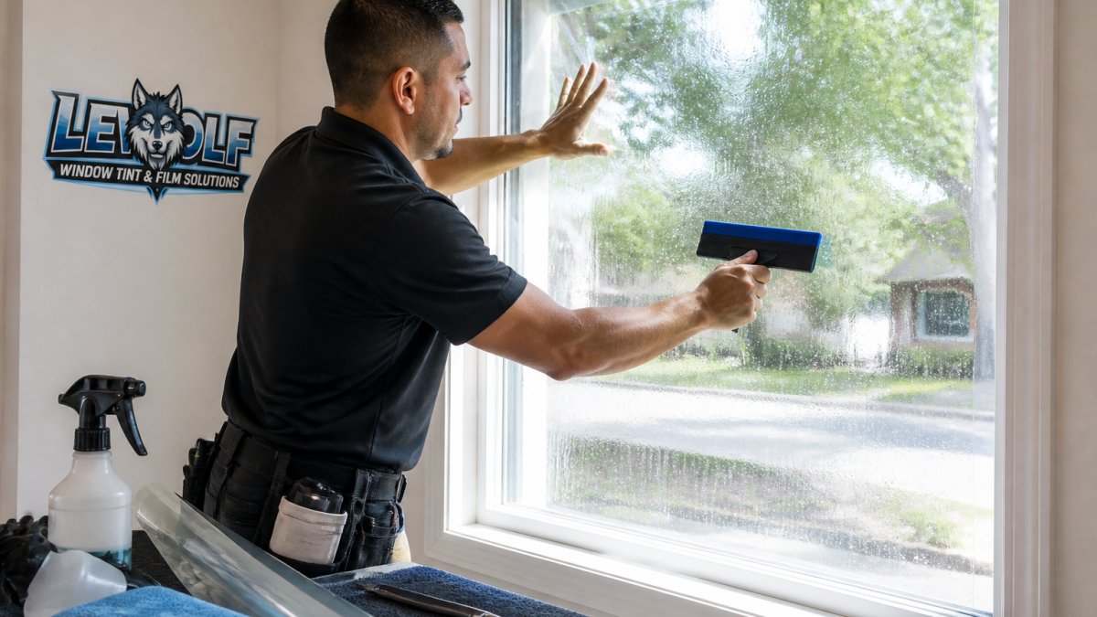 Professional installer using a squeegee to apply security film to a window to help prevent glass break-in.