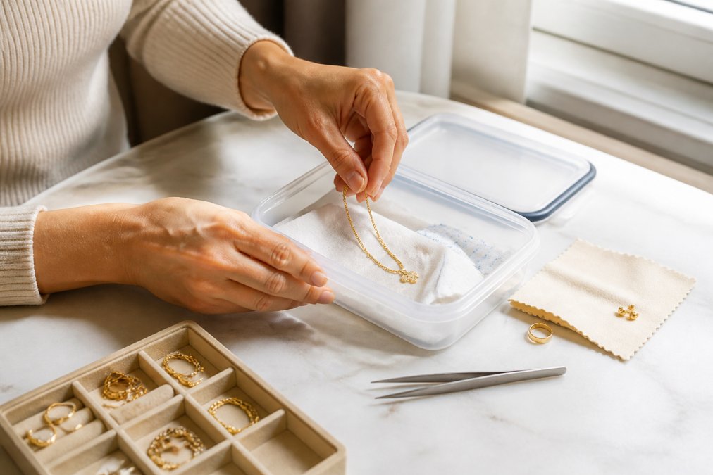 Hands carefully placing delicate gold necklace into a small airtight container lined with anti-tarnish strips and silica gel packets, soft natural light from window illuminating the jewelry