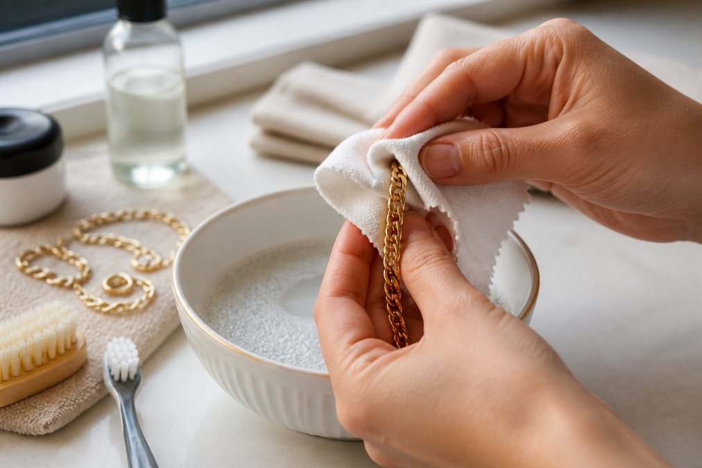 Close-up of hands gently wiping a delicate gold bracelet with a soft microfiber polishing cloth over a ceramic bowl containing warm soapy water, natural window light creating gentle reflections on the gold