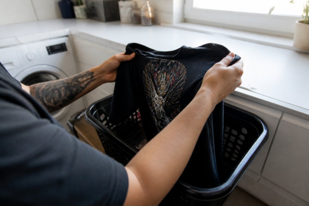 Close-up of hands turning a black graphic t-shirt inside out over a laundry basket in a bright utility room, print side visible facing away
