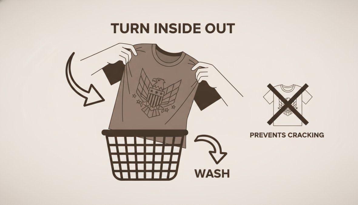 Close-up of hands turning a graphic t-shirt inside out over a laundry basket, showing the printed design on the reverse side with natural lighting
