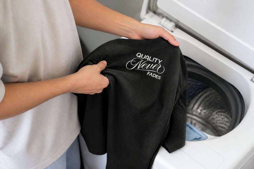 Close-up of hands turning a graphic t-shirt inside out over a washing machine, showing the print side protected from direct water contact